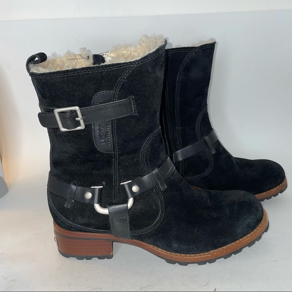UGG Endell Suede & Shearling Harness Boots Black - Picture 3 of 10